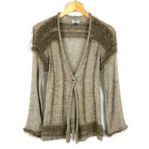 Double‎ U Cardigan Sweater Womens S Long Sleeve Snap Front Green Gold Open Knit